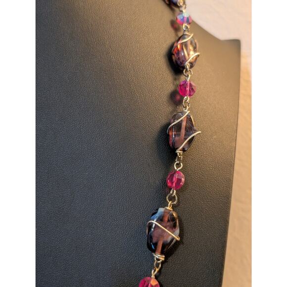 VTG Purple Wire Wrapped Glass Bead & Pink AB Crystal Bead Silver Tone Necklace - Picture 4 of 7